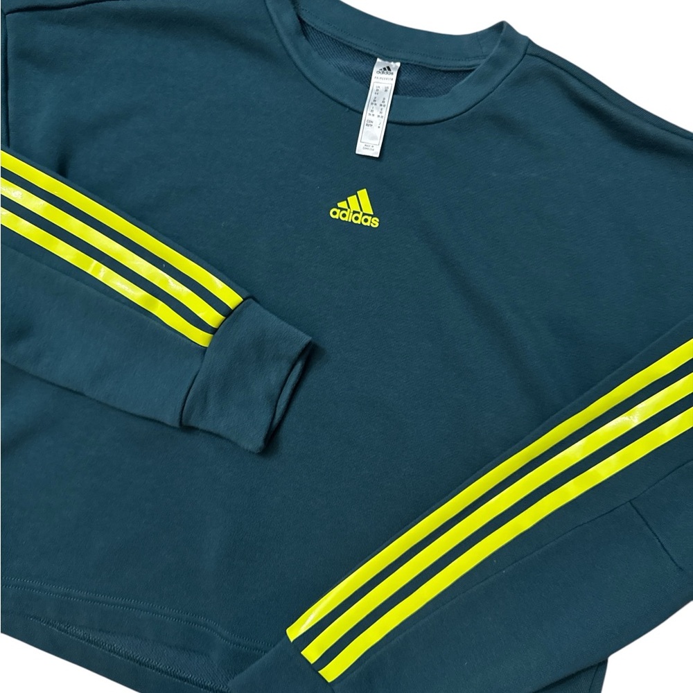 Adidas Women’s Size XS Green And Yellow Crop Sweatshirt Striped Sleeves - Picture 2 of 9